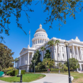 A framed view of the California State Capitol in Sacramento on a sunny day